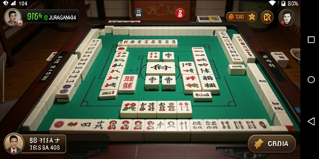 Screenshot utama gameplay Mahjong JURAGAN404 yang menampilkan suasana permainan.