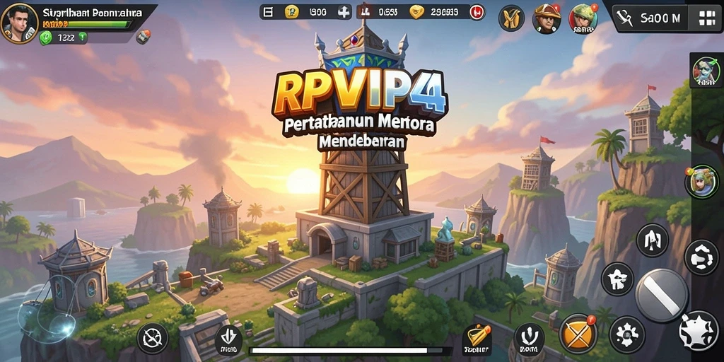 Screenshot RPVIP4 menampilkan aksi pertahanan menara yang intens.